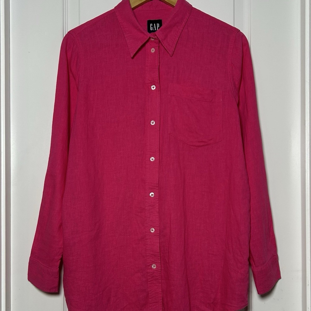 Gap Linen Rayon Blend Hot Pink Collared Long Sleeve Oversized Button Up Shirt